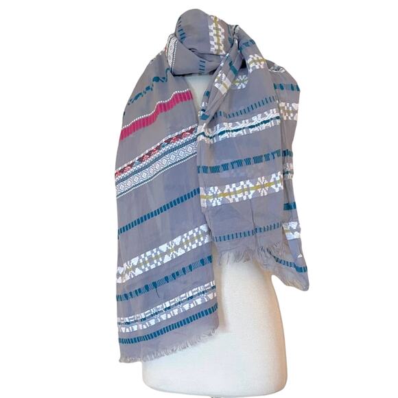 Rectangle Scarf Boho Embroidered Lightweight Gauze Gray Multicolor Trims Raw Hem - Picture 4 of 7